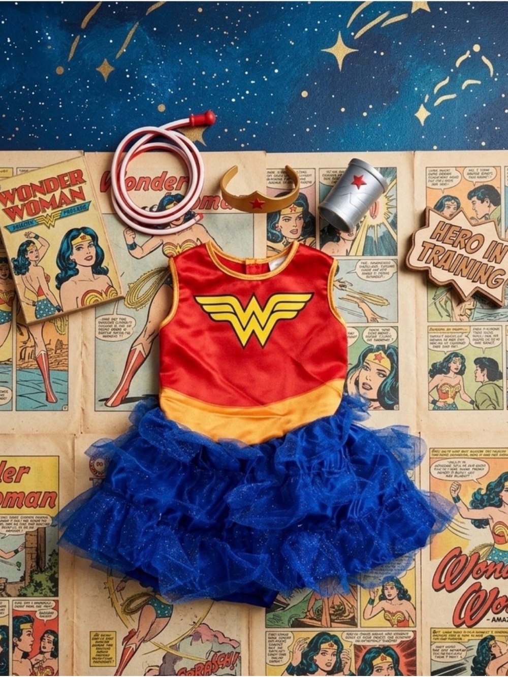 Wonder Woman Girls Toddler Costume 2 T Blue Tutu Dress Tiara Cuffs